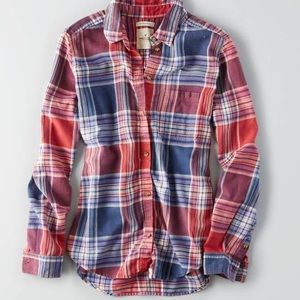 Blue and red plaid button down shirt/flannel!